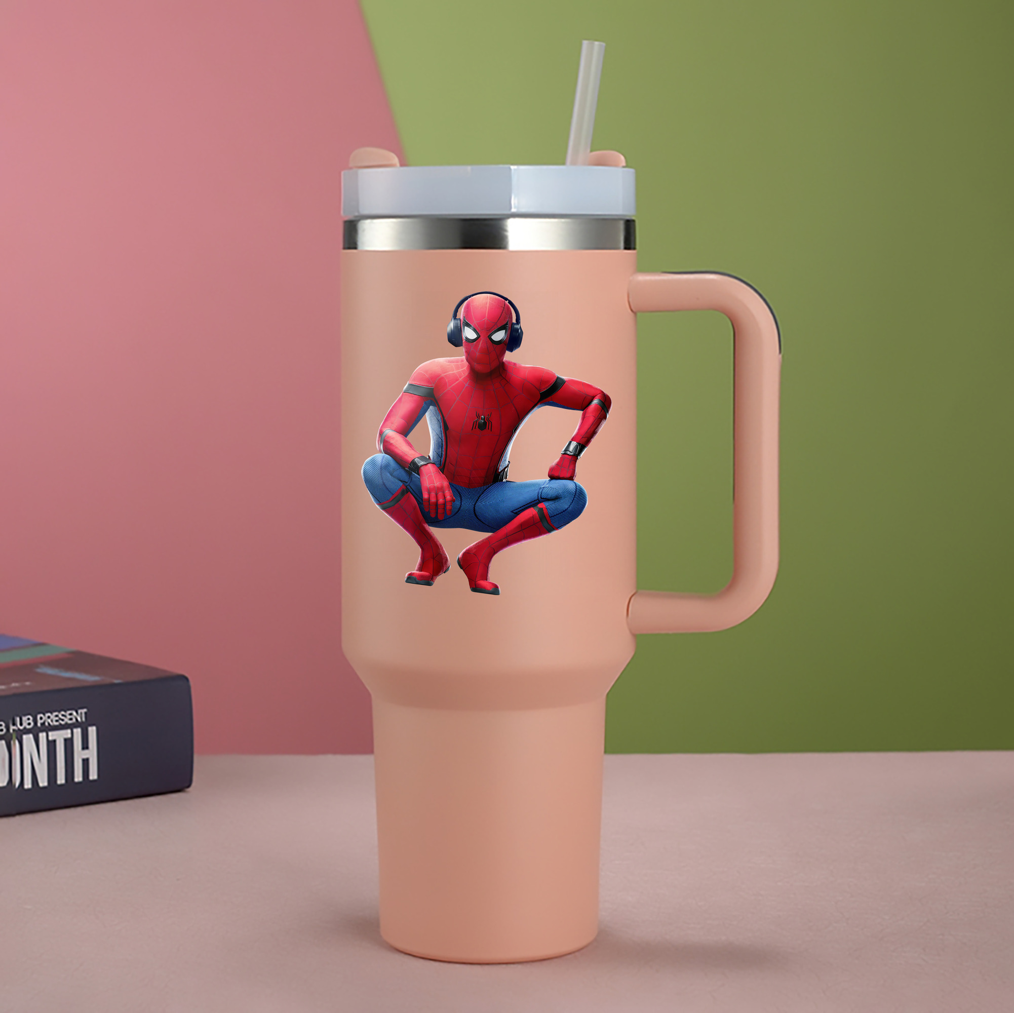 （画像用） Spider Man スパイダーマン 1200mL車用タンブラー - クリスタルステッカー（プラスチックストロー付き）
