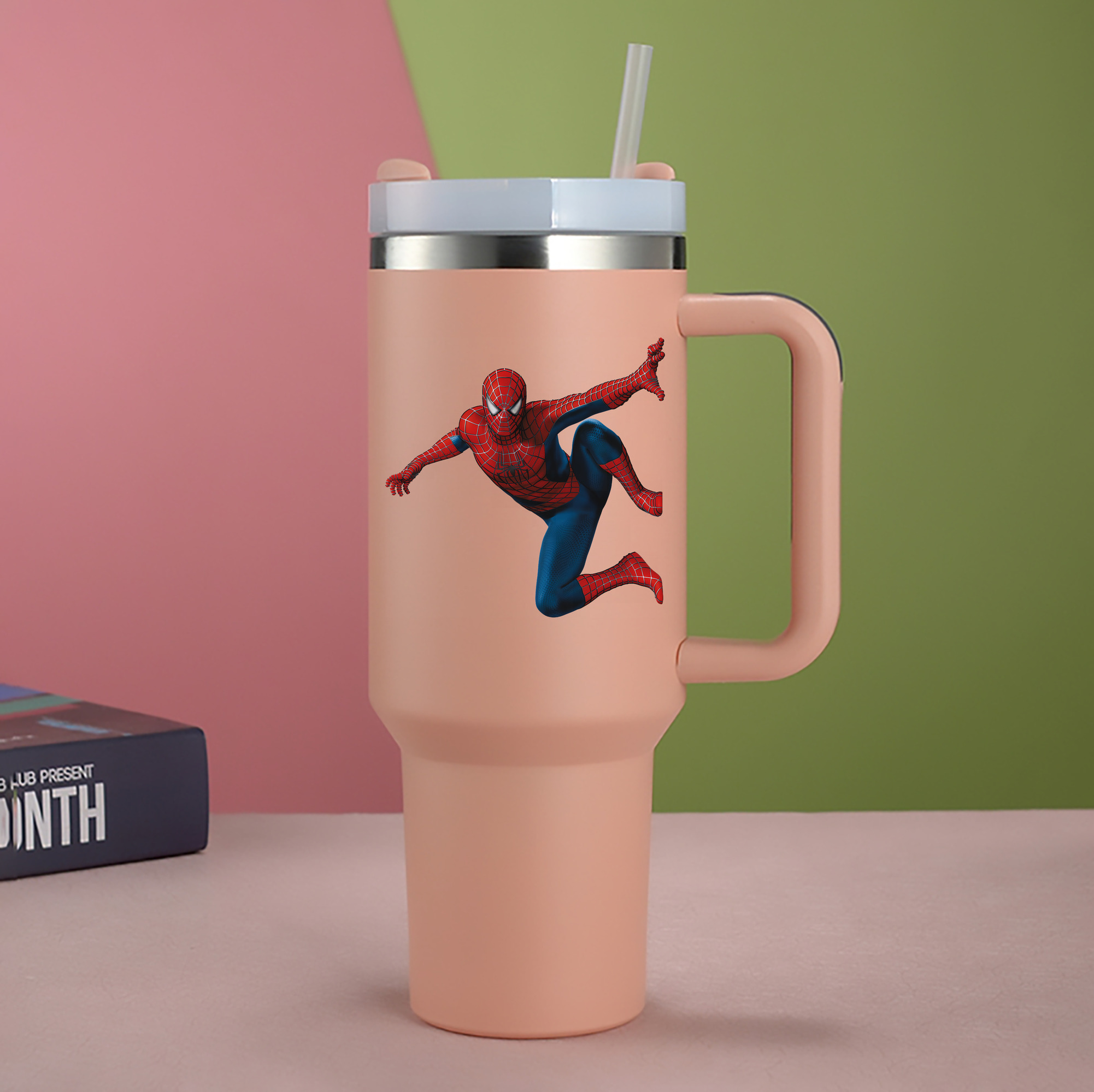 （画像用） Spider Man スパイダーマン 1200mL車用タンブラー - クリスタルステッカー（プラスチックストロー付き）
