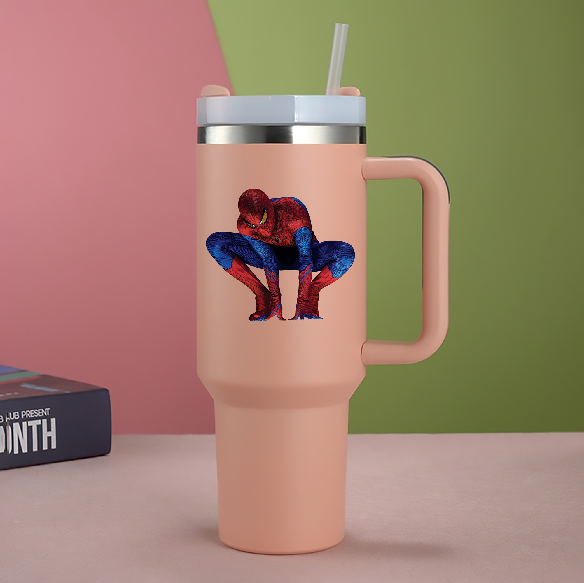 （画像用） Spider Man スパイダーマン 1200mL車用タンブラー - クリスタルステッカー（プラスチックストロー付き）