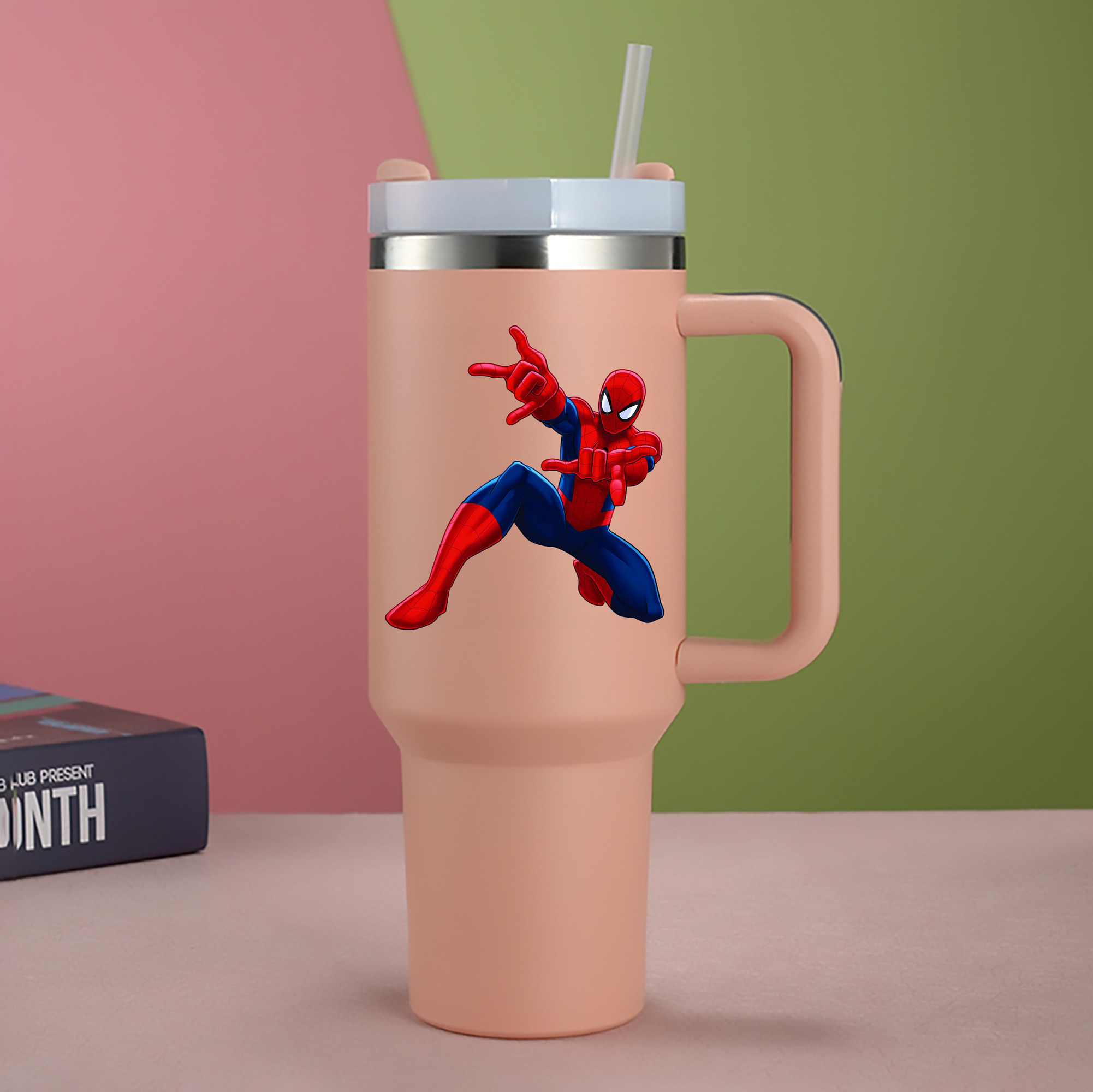 （画像用） Spider Man スパイダーマン 1200mL車用タンブラー - クリスタルステッカー（プラスチックストロー付き）