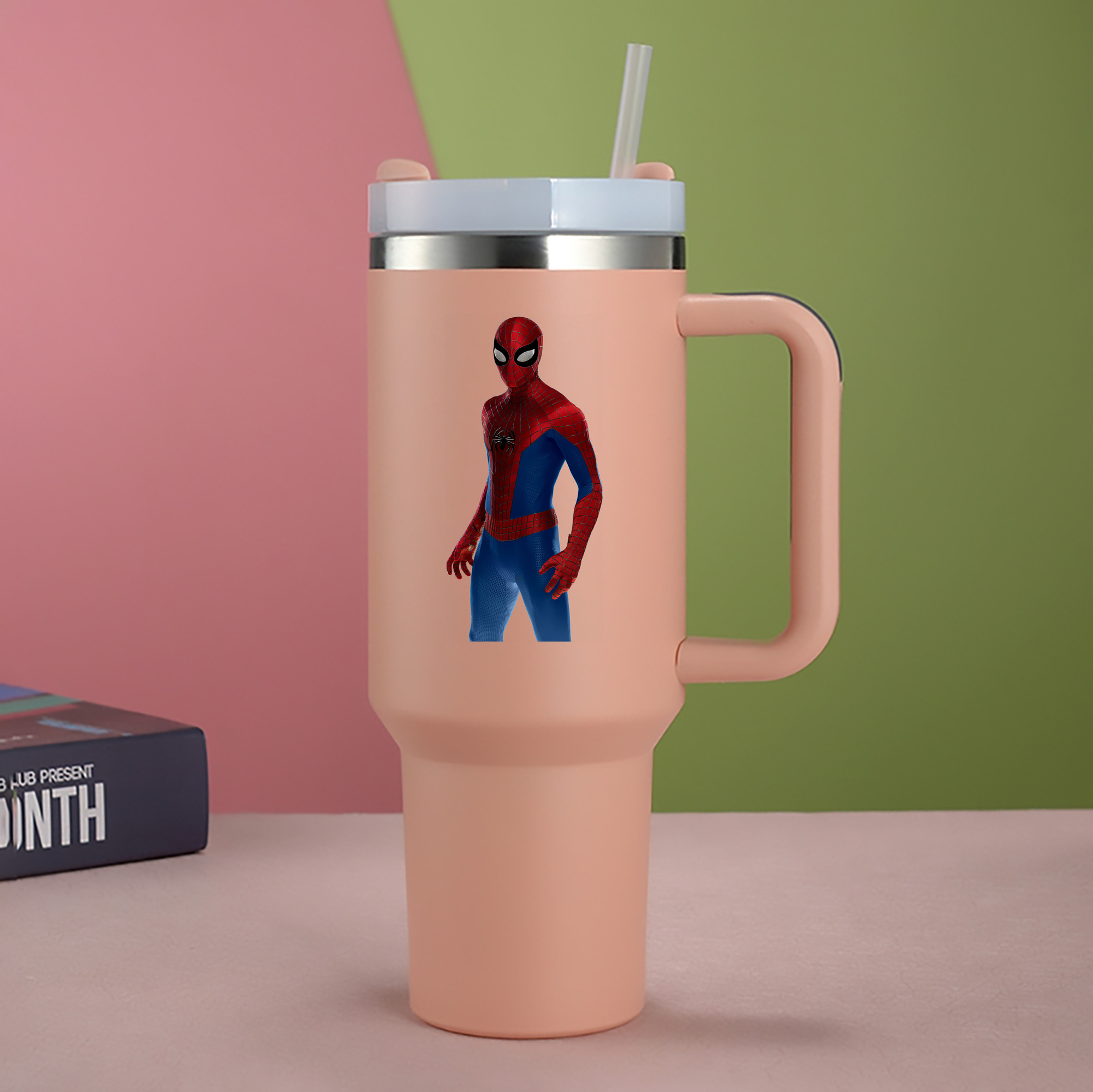（画像用） Spider Man スパイダーマン 1200mL車用タンブラー - クリスタルステッカー（プラスチックストロー付き）