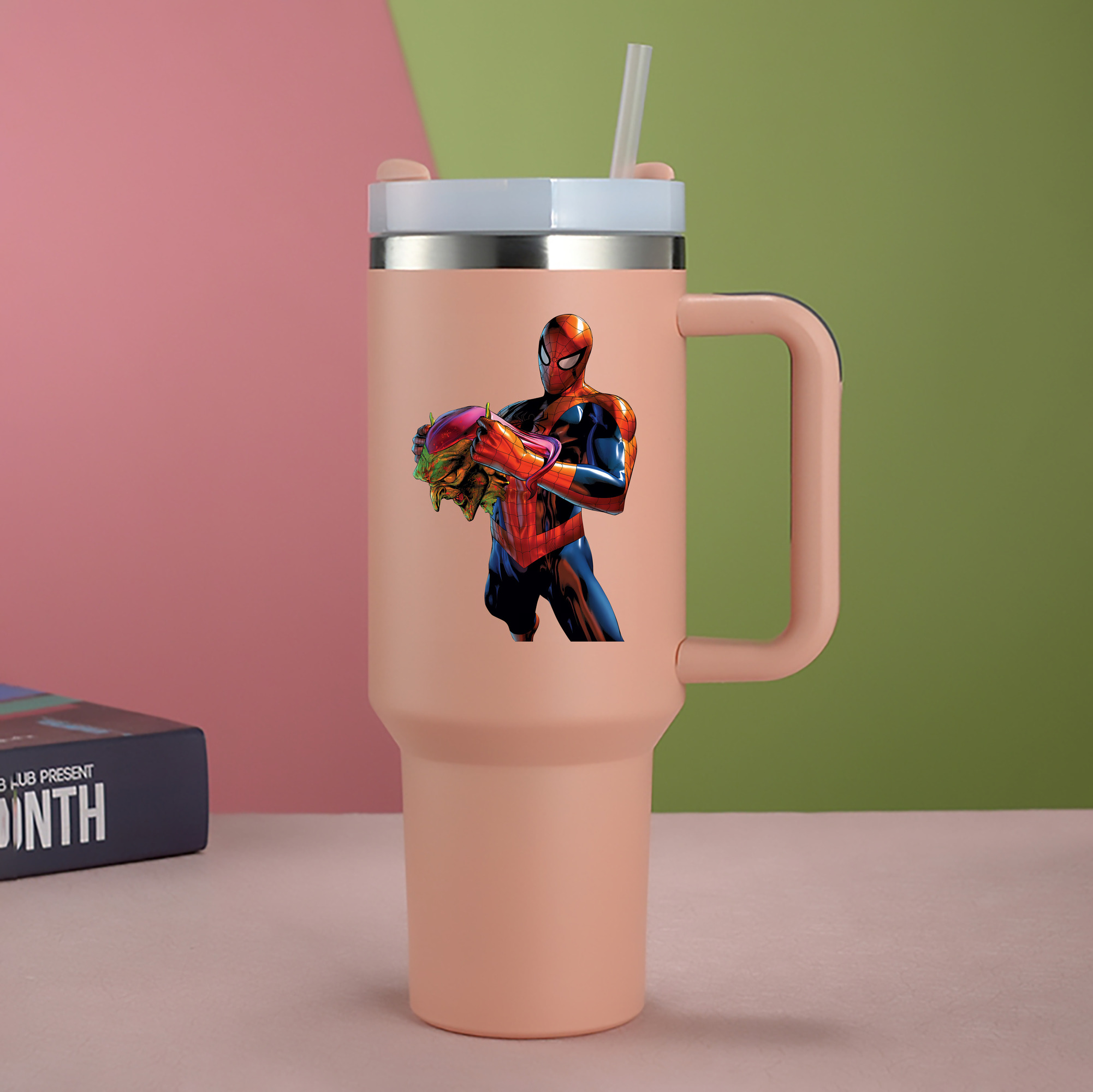 （画像用） Spider Man スパイダーマン 1200mL車用タンブラー - クリスタルステッカー（プラスチックストロー付き）