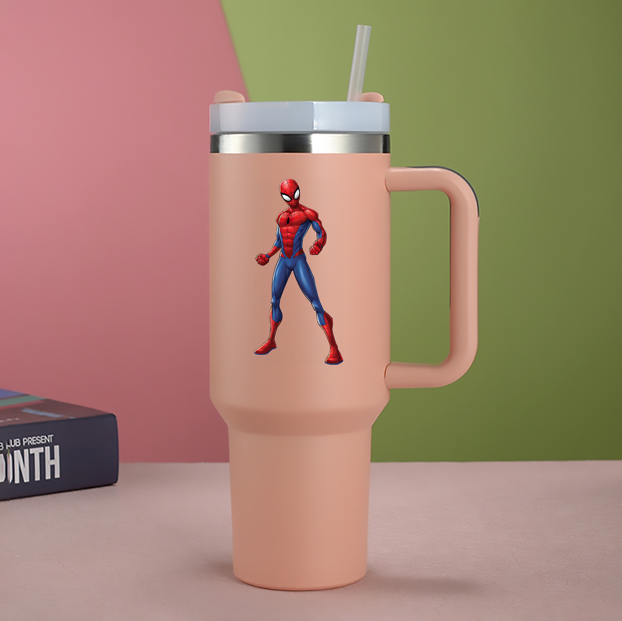 （画像用） Spider Man スパイダーマン 1200mL車用タンブラー - クリスタルステッカー（プラスチックストロー付き）