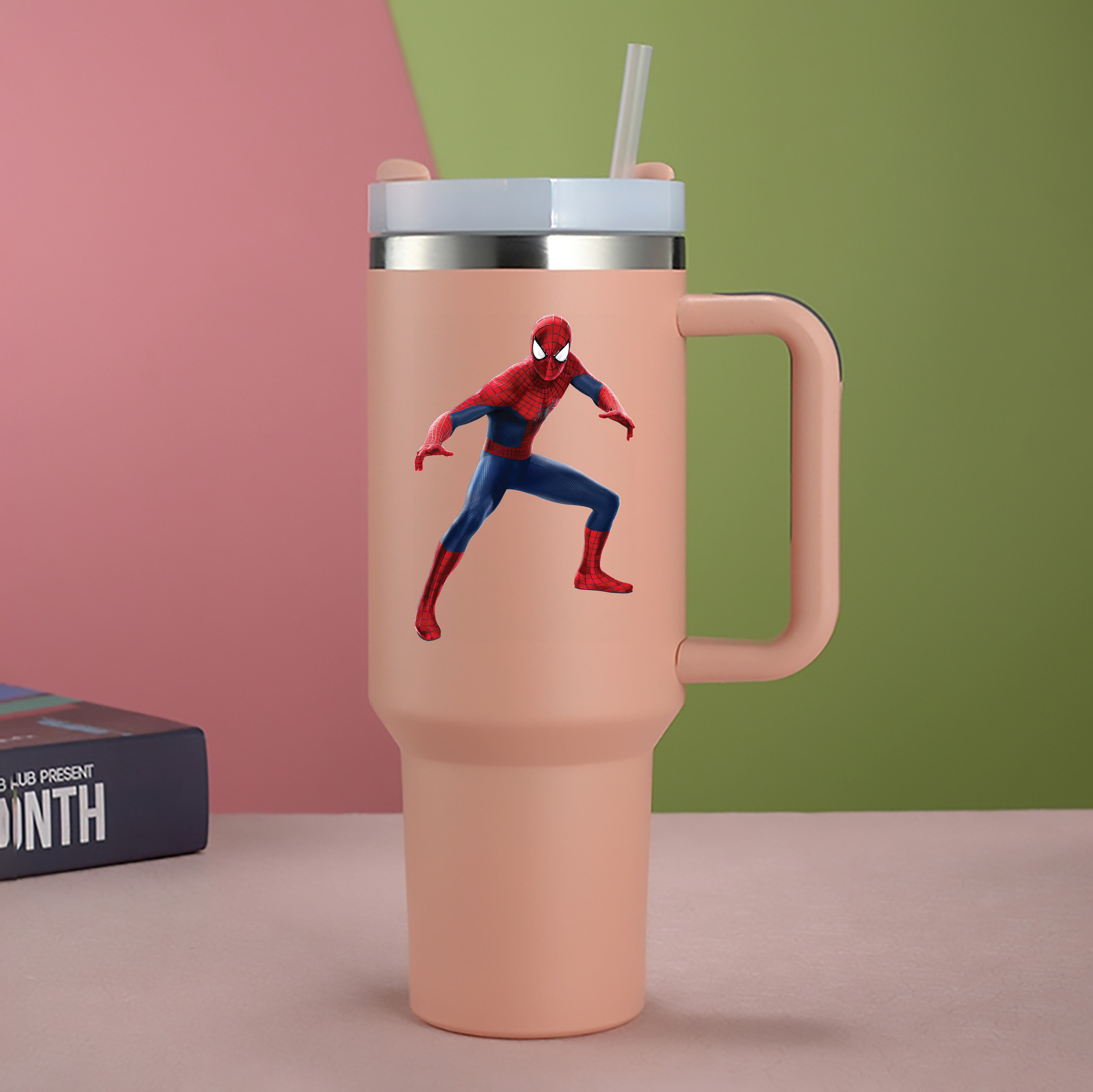 （画像用） Spider Man スパイダーマン 1200mL車用タンブラー - クリスタルステッカー（プラスチックストロー付き）