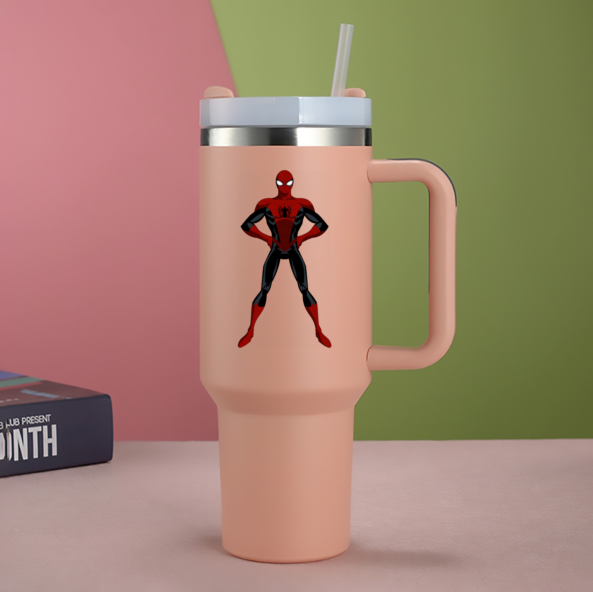 （画像用） Spider Man スパイダーマン 1200mL車用タンブラー - クリスタルステッカー（プラスチックストロー付き）