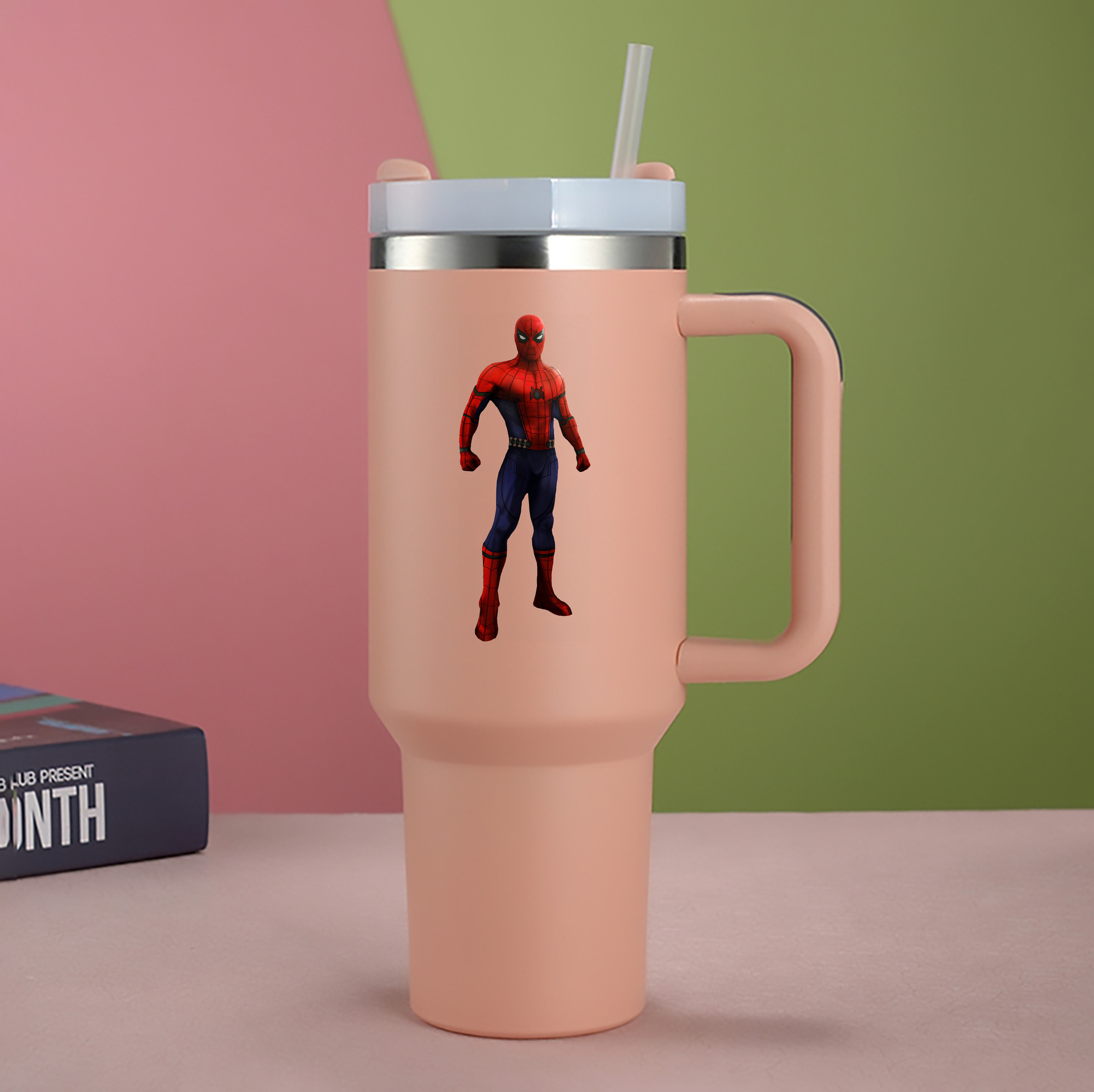 （画像用） Spider Man スパイダーマン 1200mL車用タンブラー - クリスタルステッカー（プラスチックストロー付き）
