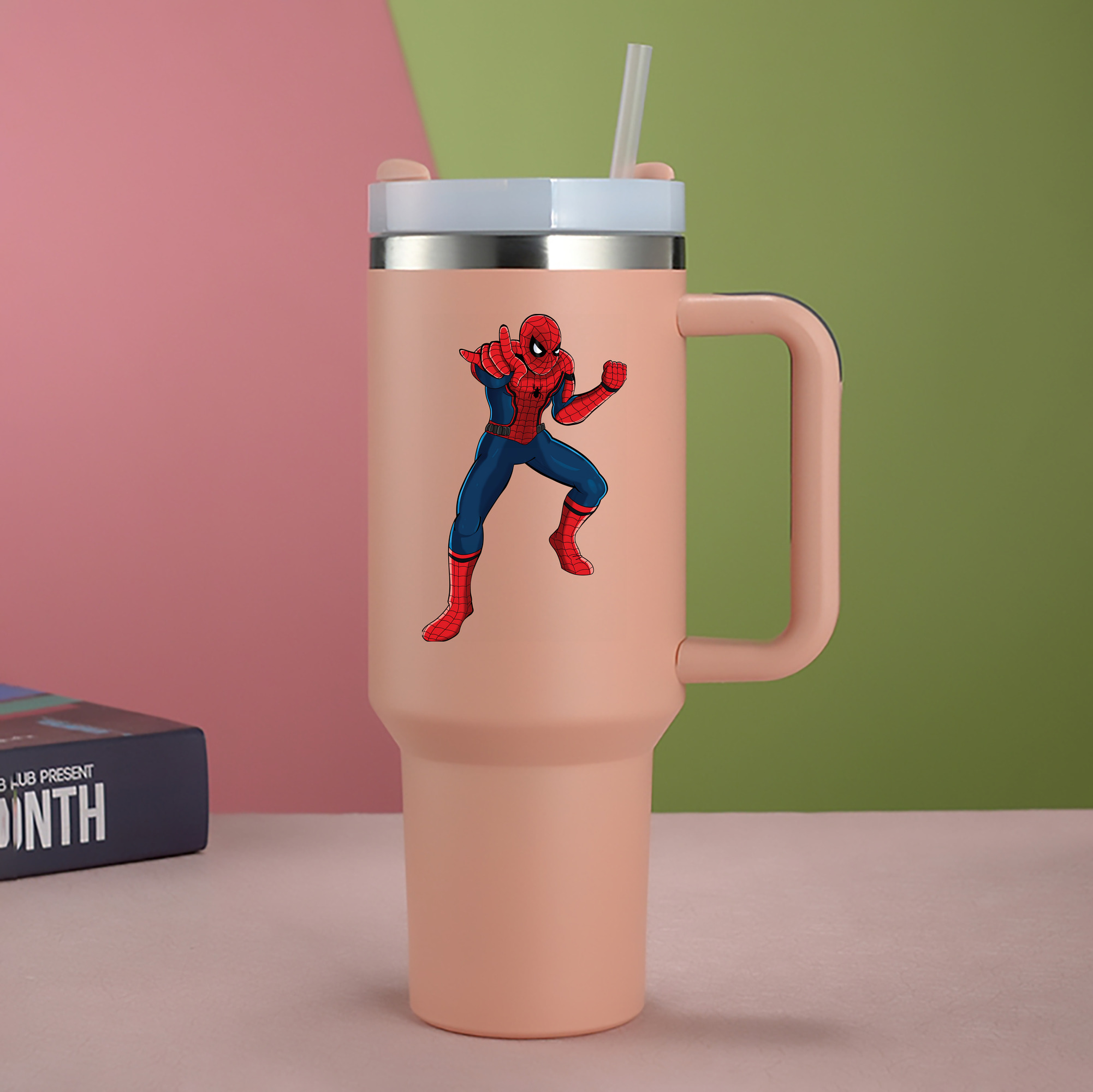 （画像用） Spider Man スパイダーマン 1200mL車用タンブラー - クリスタルステッカー（プラスチックストロー付き）