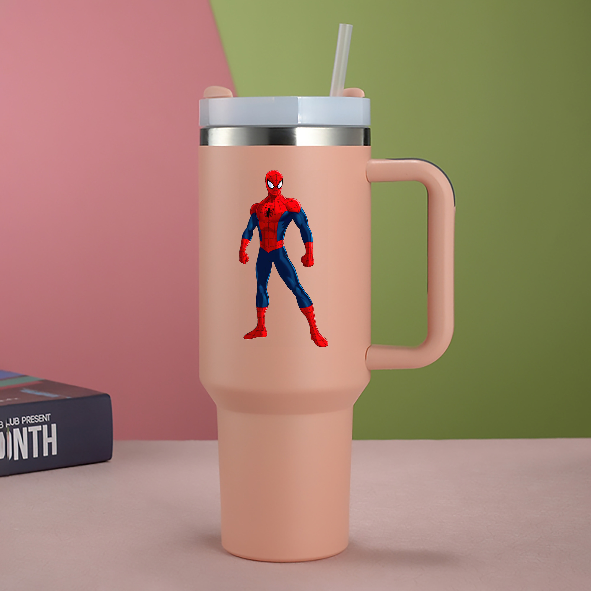 （画像用） Spider Man スパイダーマン 1200mL車用タンブラー - クリスタルステッカー（プラスチックストロー付き）