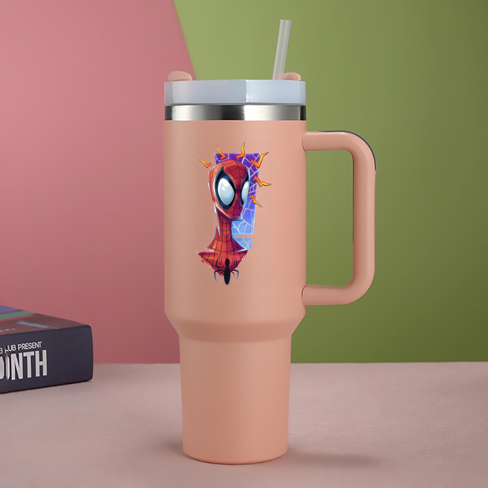 （画像用） Spider Man スパイダーマン 1200mL車用タンブラー - クリスタルステッカー（プラスチックストロー付き）