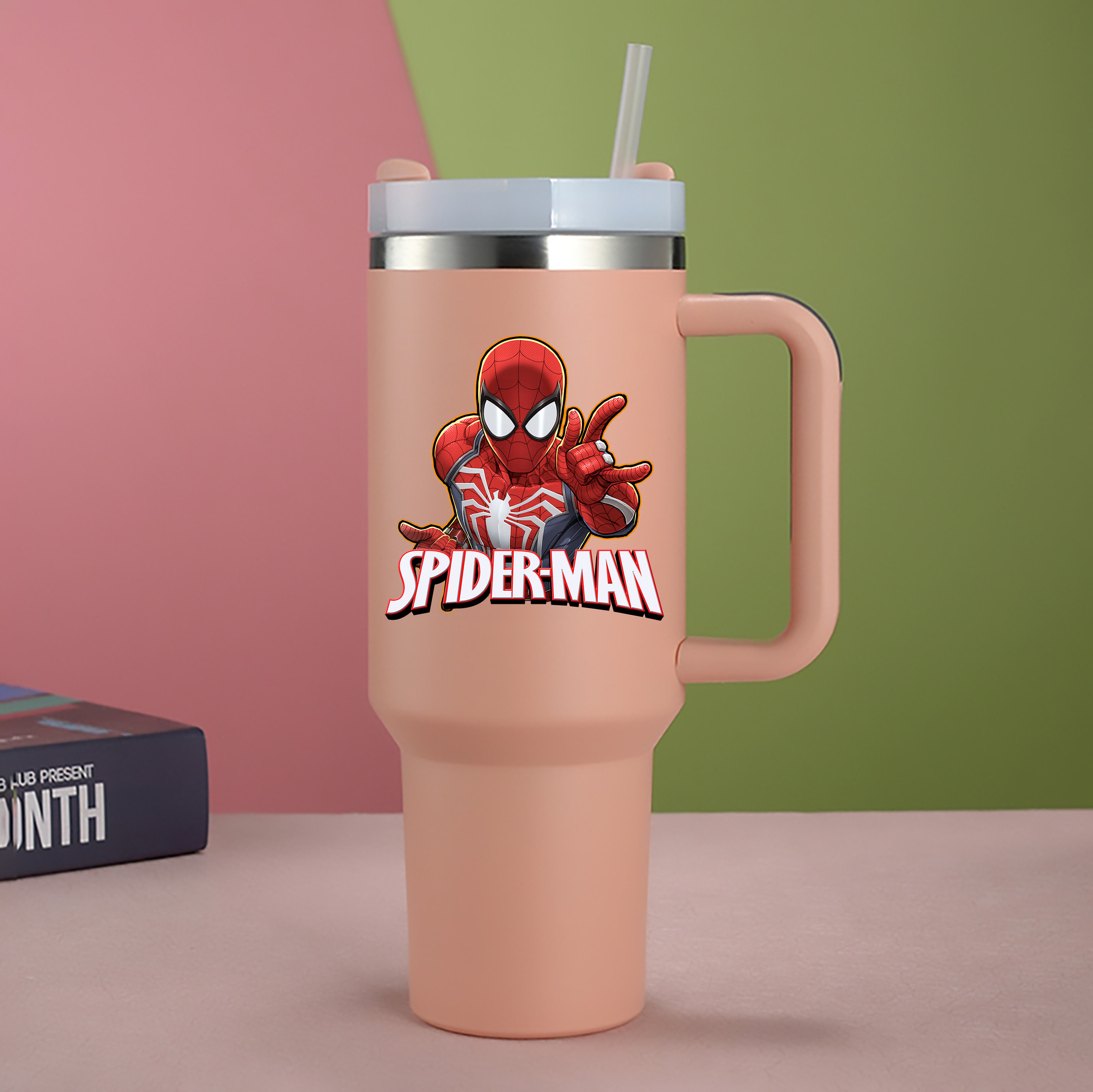 （画像用） Spider Man スパイダーマン 1200mL車用タンブラー - クリスタルステッカー（プラスチックストロー付き）
