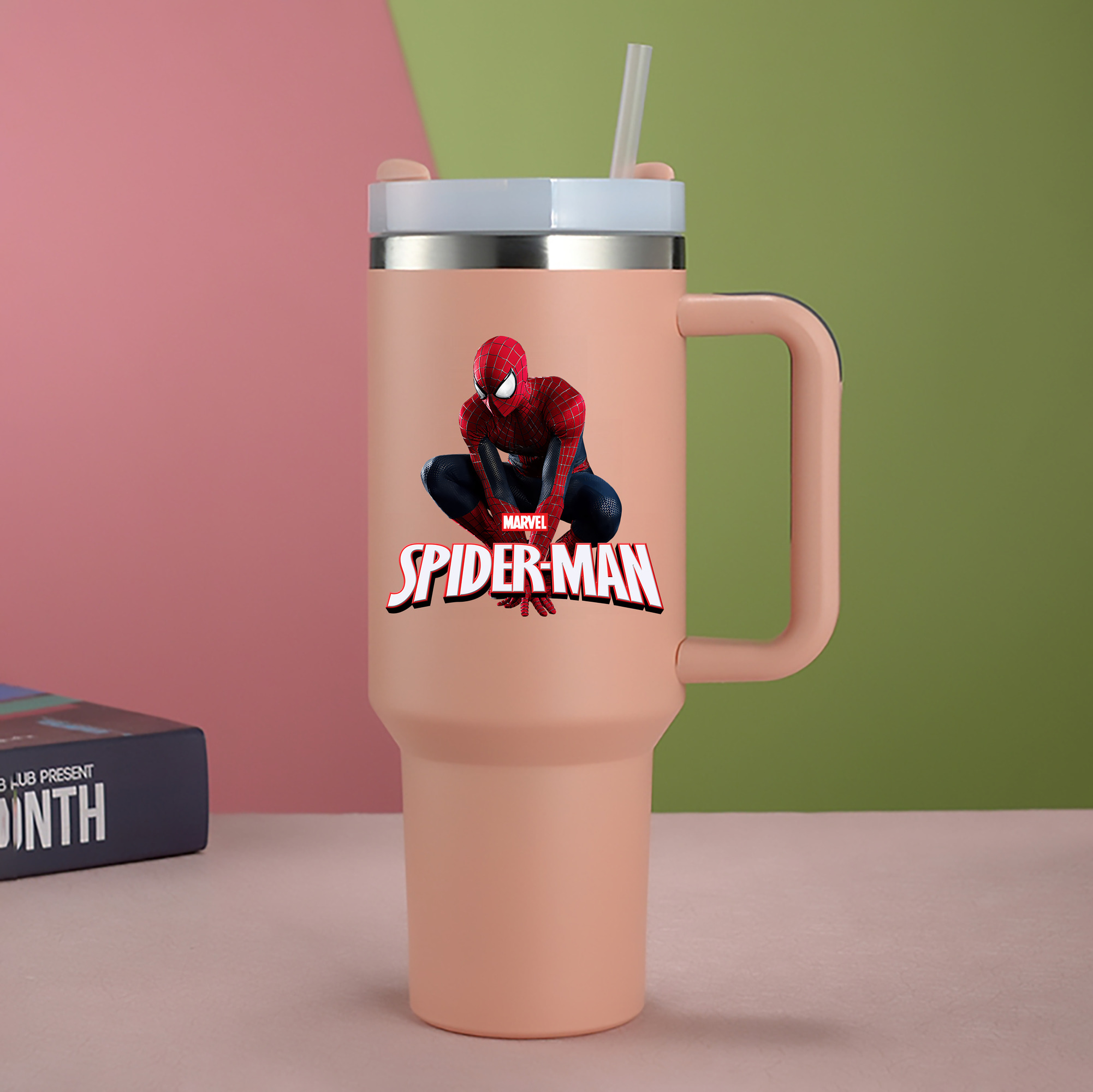 （画像用） Spider Man スパイダーマン 1200mL車用タンブラー - クリスタルステッカー（プラスチックストロー付き）