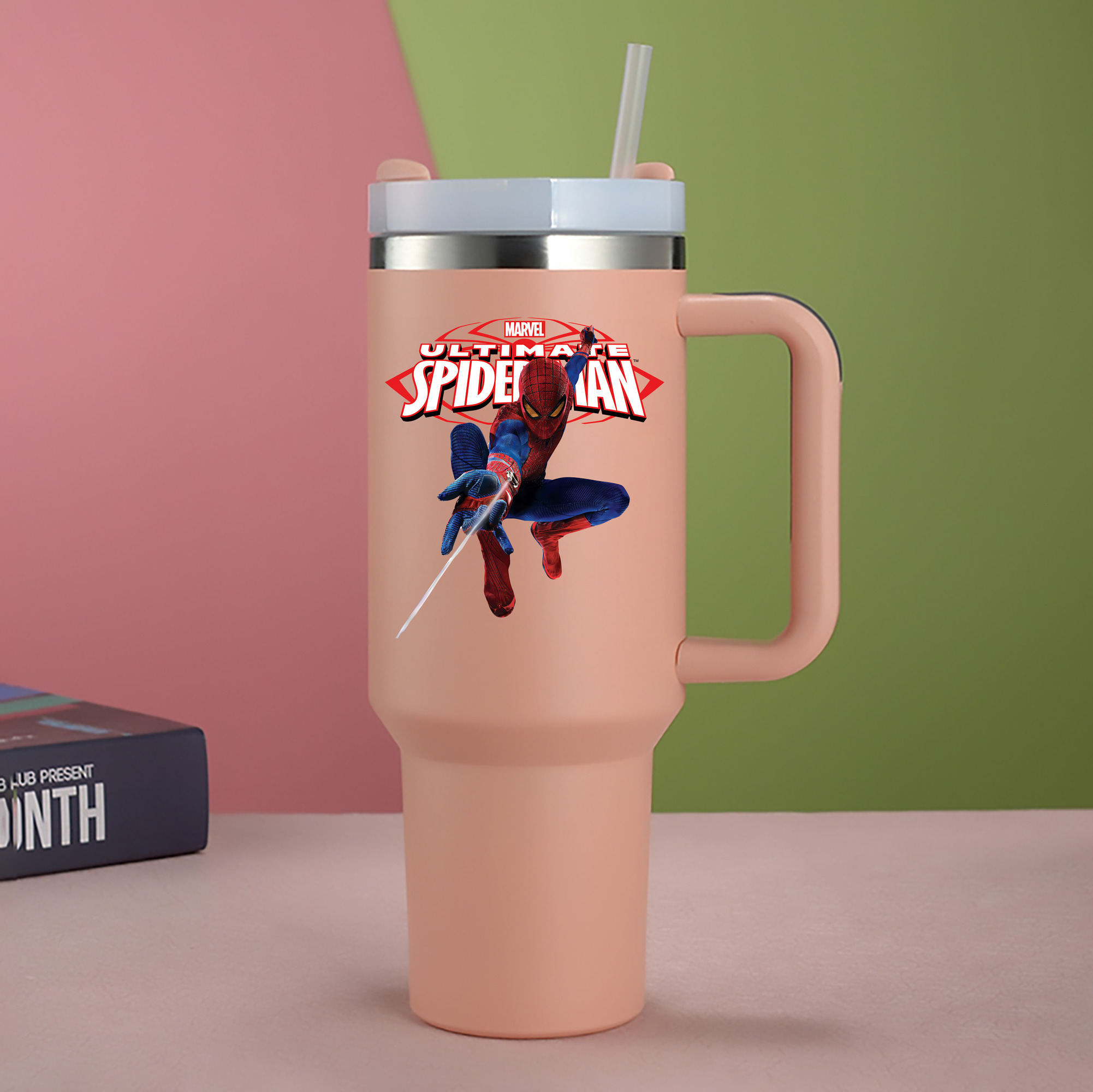 （画像用） Spider Man スパイダーマン 1200mL車用タンブラー - クリスタルステッカー（プラスチックストロー付き）