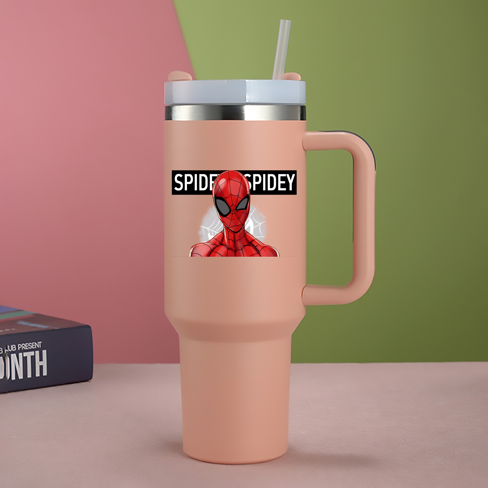 （画像用） Spider Man スパイダーマン 1200mL車用タンブラー - クリスタルステッカー（プラスチックストロー付き）