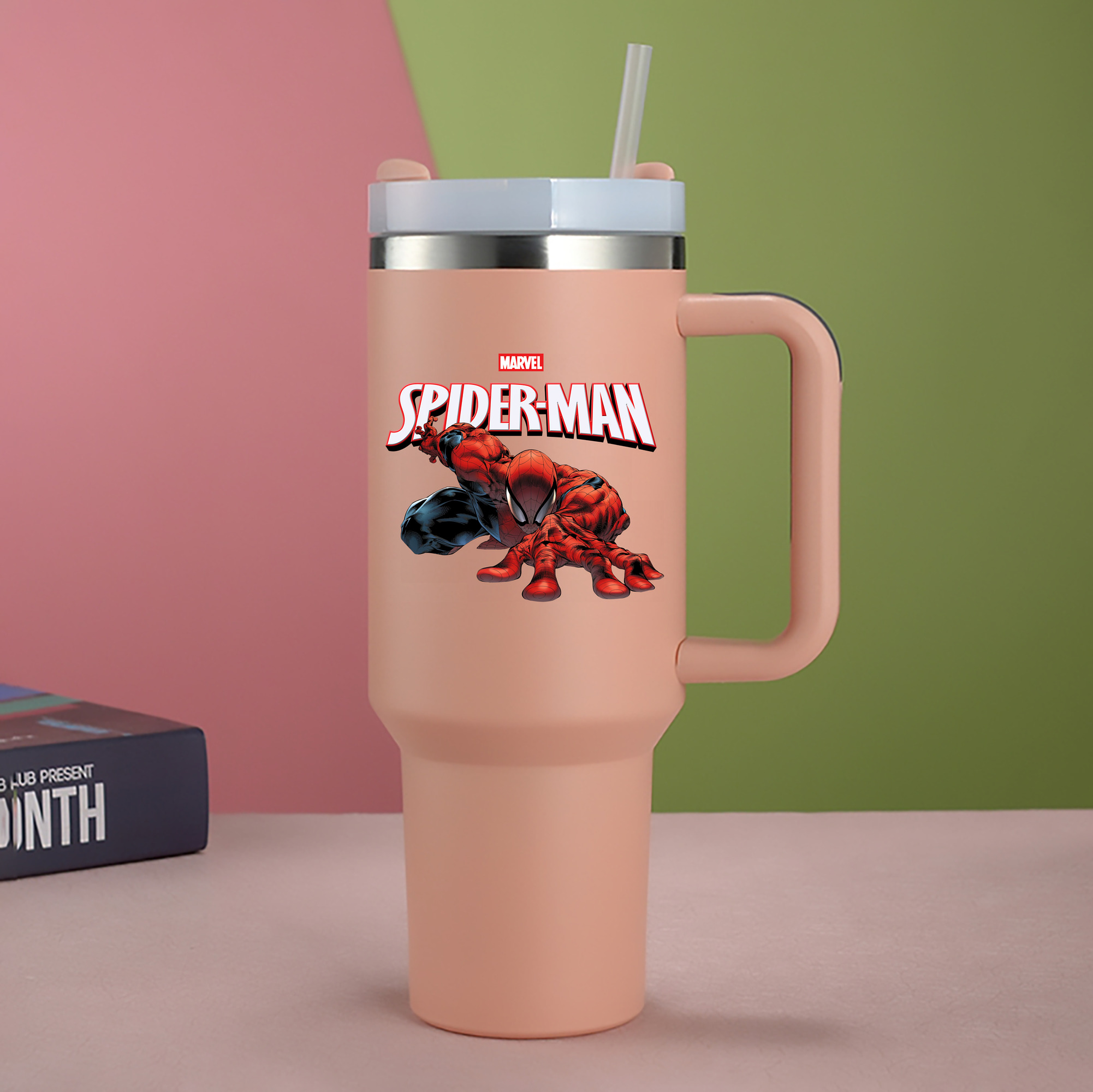 （画像用） Spider Man スパイダーマン 1200mL車用タンブラー - クリスタルステッカー（プラスチックストロー付き）