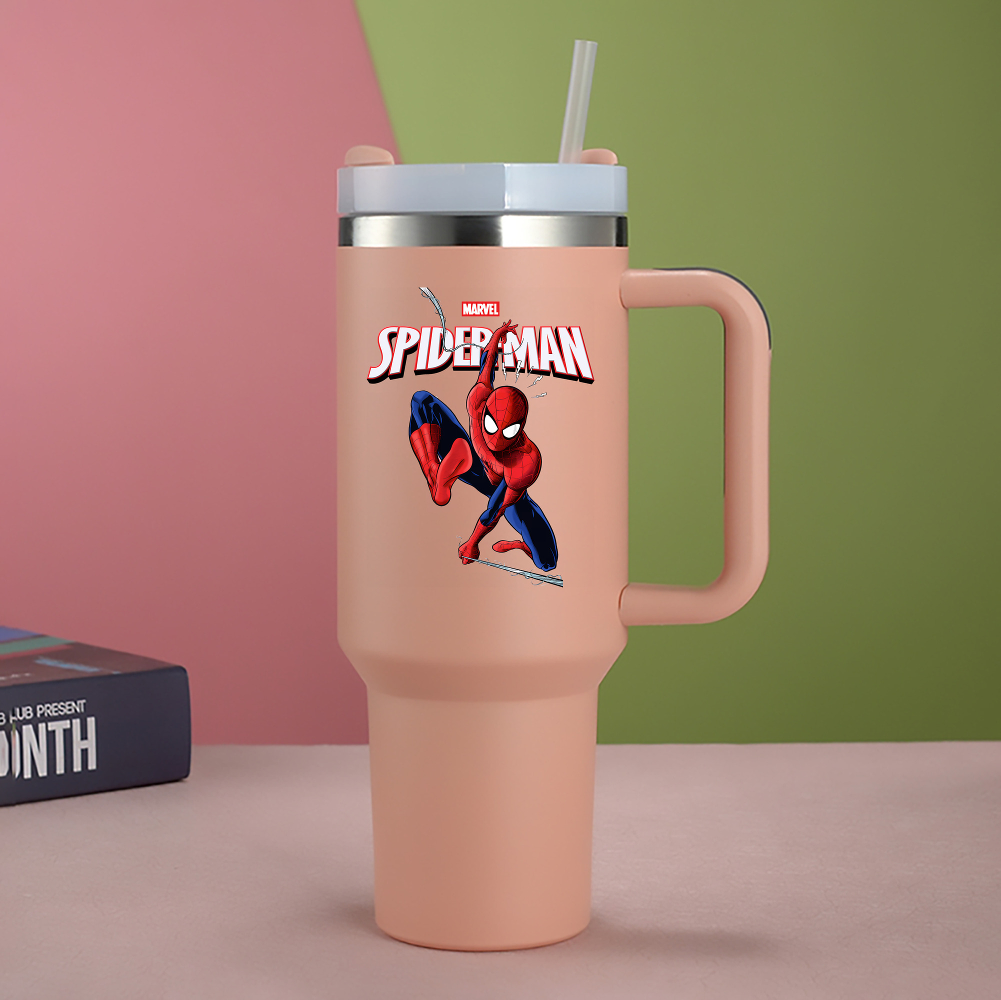 （画像用） Spider Man スパイダーマン 1200mL車用タンブラー - クリスタルステッカー（プラスチックストロー付き）