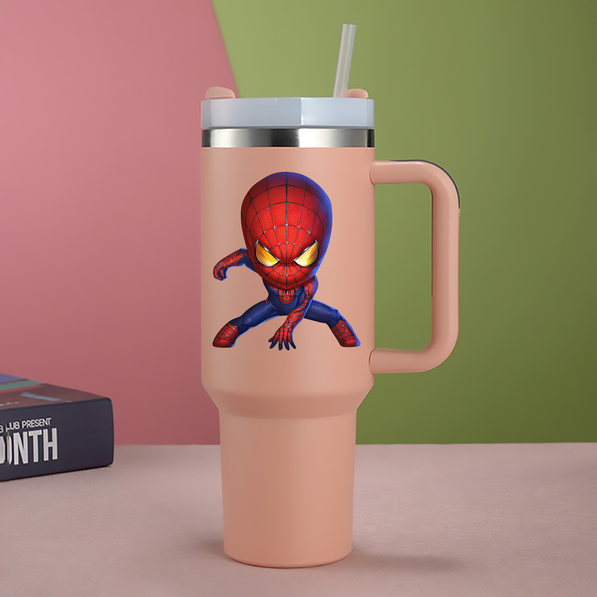 （画像用） Spider Man スパイダーマン 1200mL車用タンブラー - クリスタルステッカー（プラスチックストロー付き）