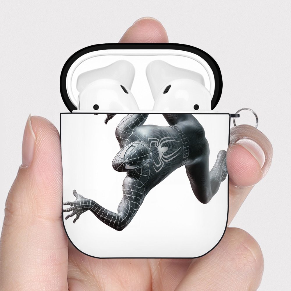 （画像用） Spider Man スパイダーマン AirPods 第2世代保護ケース ハードシェル ブラック 耐衝撃・防指紋・カラビナ付き
