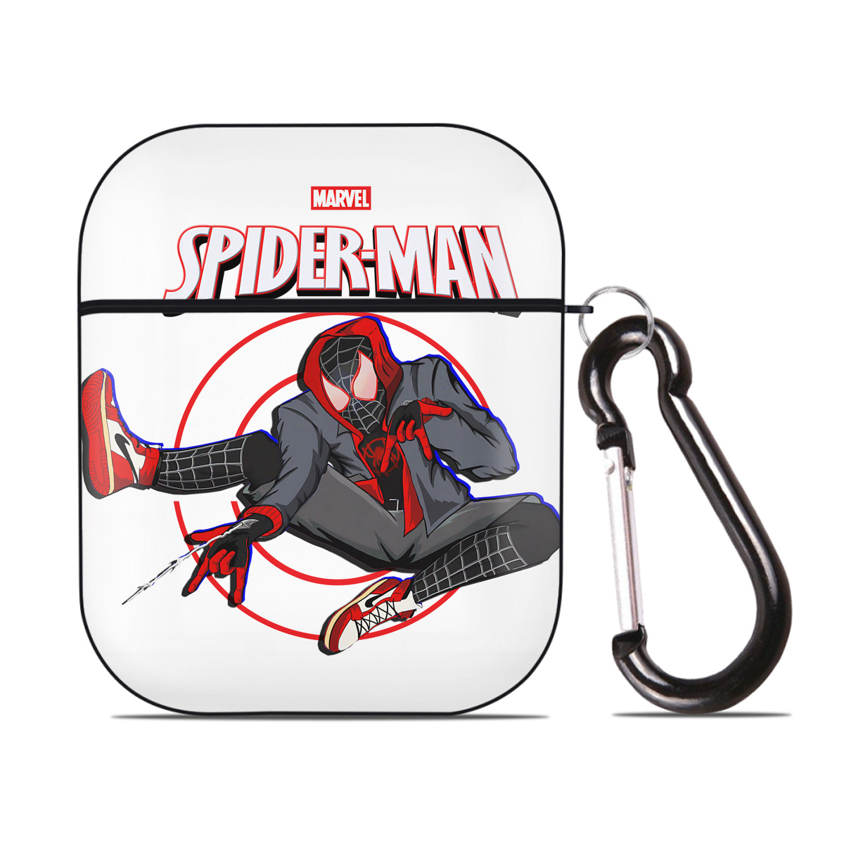 （画像用） Spider Man スパイダーマン AirPods 第2世代保護ケース ハードシェル ブラック 耐衝撃・防指紋・カラビナ付き