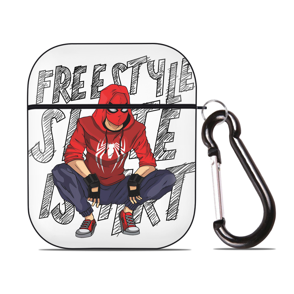 （画像用） Spider Man スパイダーマン AirPods 第2世代保護ケース ハードシェル ブラック 耐衝撃・防指紋・カラビナ付き